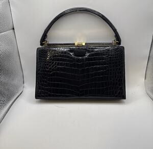 Vtg LUCILLE DE PARIS Black Alligator Handbag Mid Century Frame Purse Made In USA